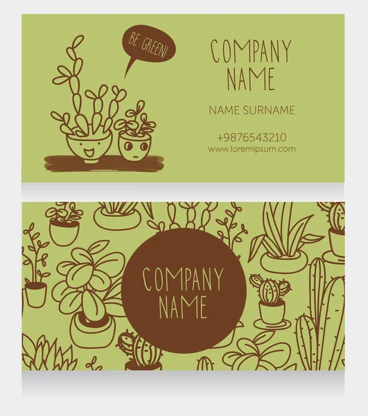 Template for business cards with cute potted plants with funny cartoon faces and speech bubble — Stock Vector