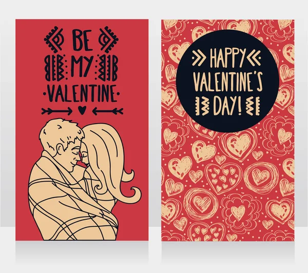 Tarjetas para el día de San Valentín con pareja de besos y adornos de corazones dibujados a mano — Vector de stock