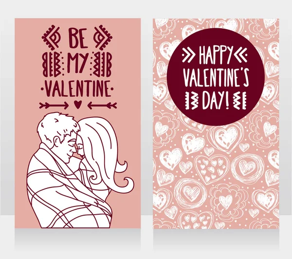 Cartões para o dia dos namorados com casal beijando e mão desenhado enfeite corações — Vetor de Stock