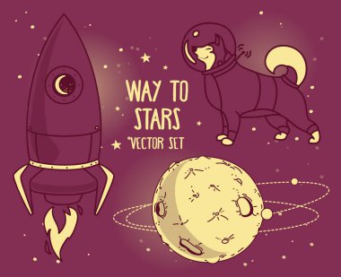 Kozmik tasarımı için ayarla: gezegen, köpek astronot ve roket