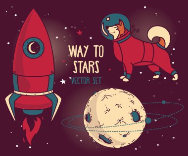 Kozmik tasarımı için ayarla: gezegen, köpek astronot ve roket