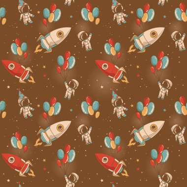 Astronotlar, roket balon sorunsuz yıldızlı arka plan üzerinde