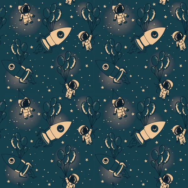 シームレスな星空の背景に風船とロケット、宇宙飛行士 — ストックベクタ