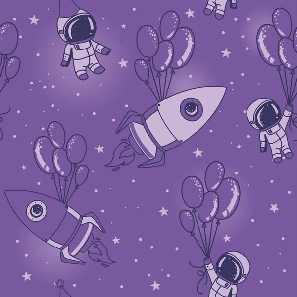 Astronauts, rocket with balloons on seamless starry background — Stock Vector