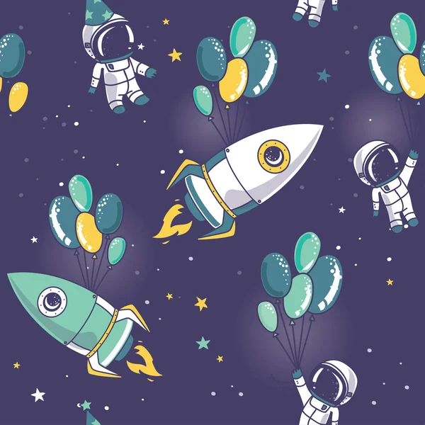Astronauts, rocket with balloons on seamless starry background — Stock Vector
