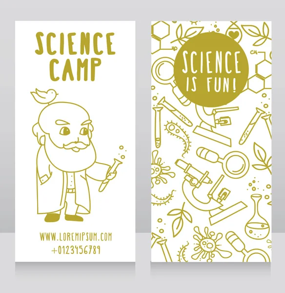 科学营、 可爱教授和科学图标卡 — 图库矢量图片