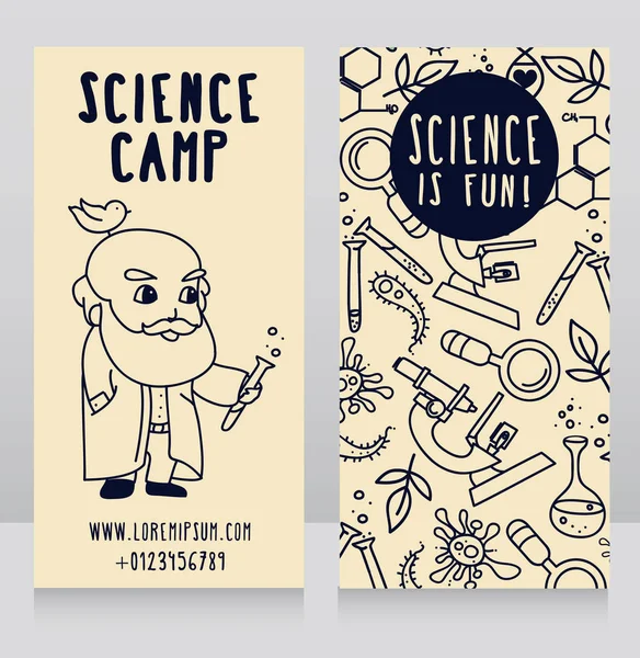 科学营、 可爱教授和科学图标卡 — 图库矢量图片