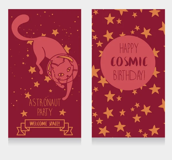Divertidas tarjetas de invitación para fiesta de cumpleaños cósmica — Archivo Imágenes Vectoriales