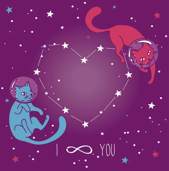 Kosmische poster voor liefde met doodle kat-astronauten in de ruimte zweven — Stockvector