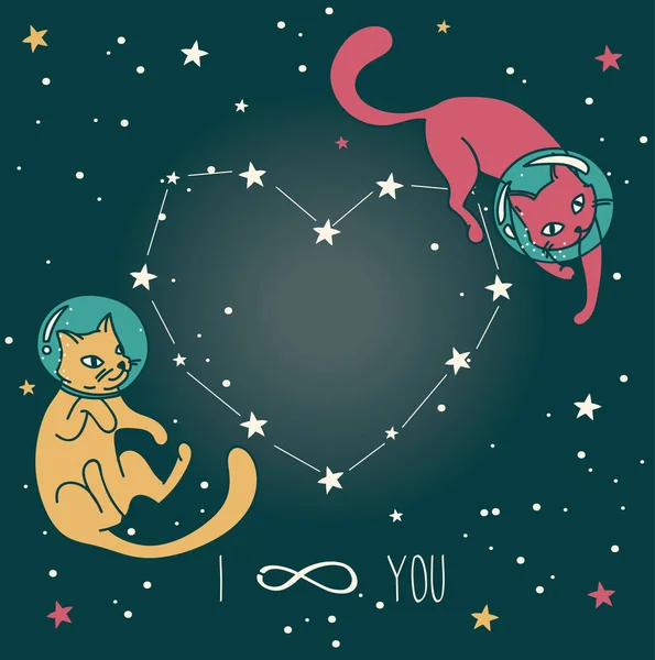 Affiche cosmique pour l'amour avec des chats-astronautes gribouillis flottant dans l'espace — Image vectorielle