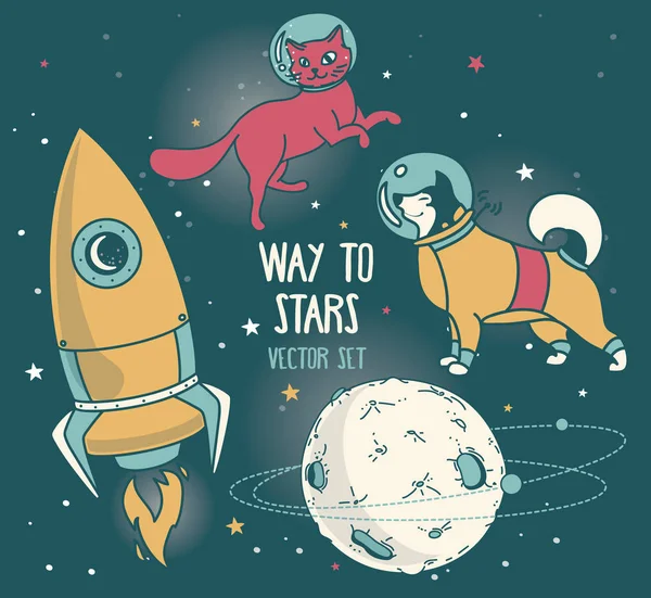 Conjunto para design cósmico: planeta, cão e gato em traje espacial e foguete —  Vetores de Stock