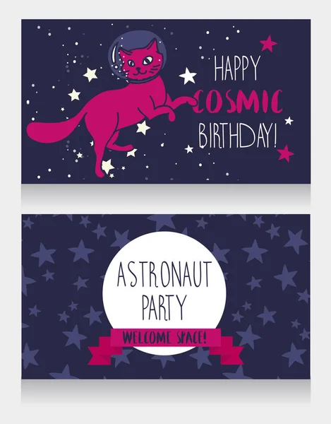 Divertidas tarjetas de invitación para fiesta de cumpleaños cósmica — Vector de stock
