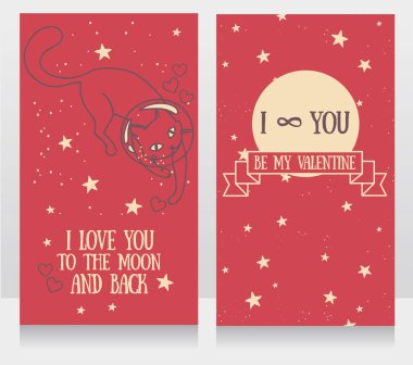 Doodle kedi-astronot ve yıldızlar arka plan ile aşk için kozmik kartları