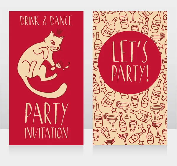 Party invitation with cute doodle cat drinking alcohol — Stock Vector