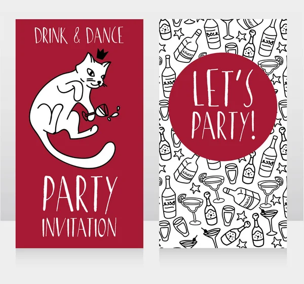 Invitation de fête avec mignon chat doodle boire de l'alcool — Image vectorielle