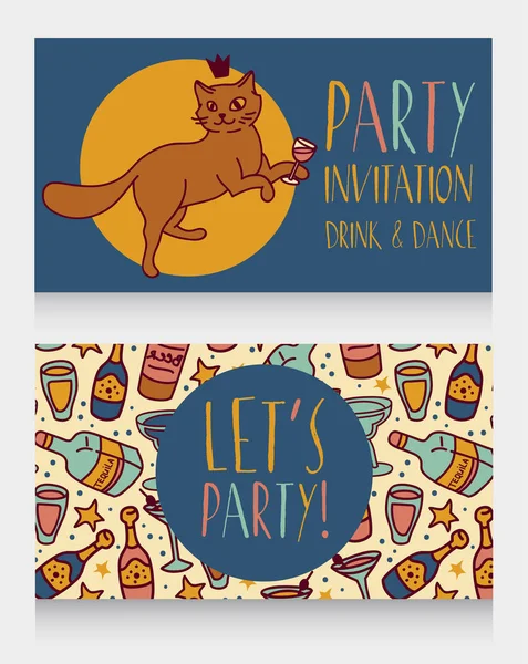 Invito alla festa con carino scarabocchio gatto bere alcol — Vettoriale Stock