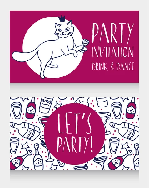 Uitnodiging voor feest met schattige doodle kat drinken van alcohol — Stockvector