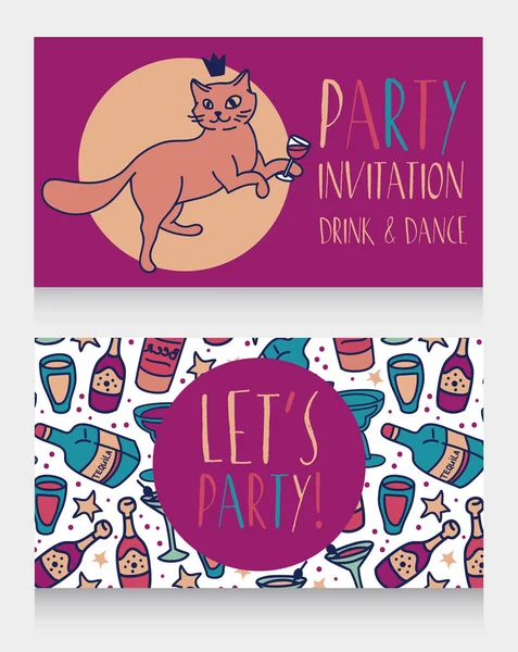 Party invitation with cute doodle cat drinking alcohol — Stock Vector