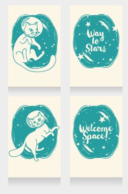 doodle kediler-astronot ile dört kozmik afiş kümesi