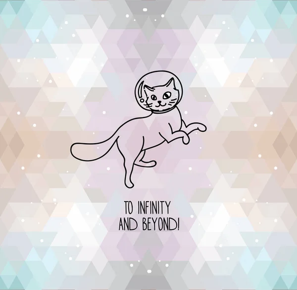 Roztomilý doodle cat astronauti plovoucí na geometrické pozadí — Stockový vektor
