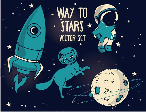 Planeta, gato en traje espacial, pequeño astronauta lindo y cohete — Vector de stock