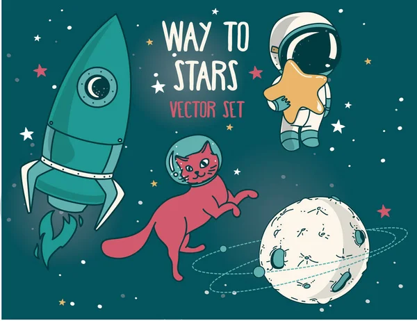 Planety, kot w skafandrze kosmicznym, mało słodkie astronauta i rakiet — Wektor stockowy