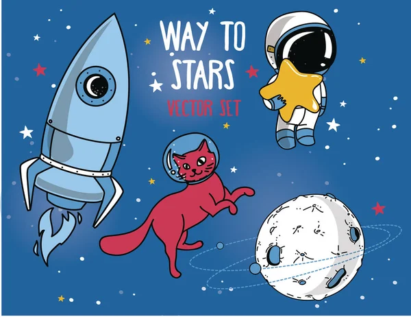 Planeta, gato en traje espacial, pequeño astronauta lindo y cohete — Vector de stock