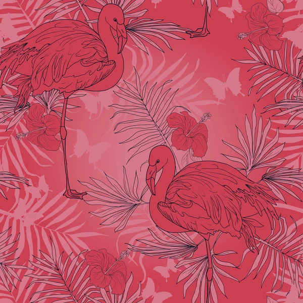 Nahtloses tropisches Muster mit schönem Flamingo — Stockvektor