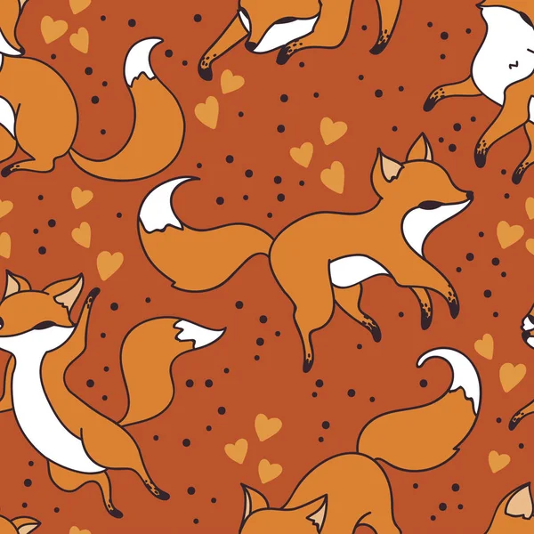 Seamless pattern with cute foxies and hearts — Stock Vector