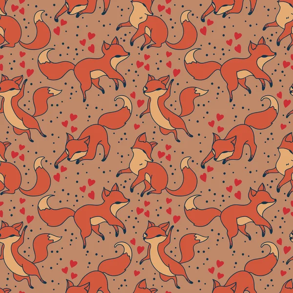 Seamless pattern with cute foxies and hearts — Stock Vector