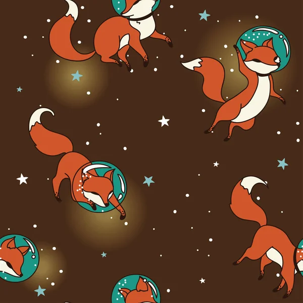 Cute doodle fox-astronauts floating in space — Stock Vector