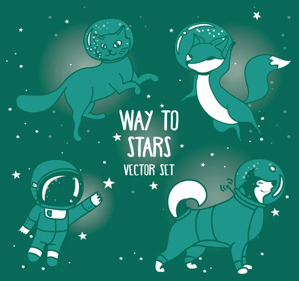 Bonito doodle astronauta e animal-astronautas e foguete estilo retro flutuando no espaço —  Vetores de Stock