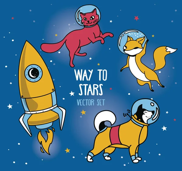 Aranyos doodle állat-űrhajósok és retro stílusú rakéta lebegő térben — Stock Vector