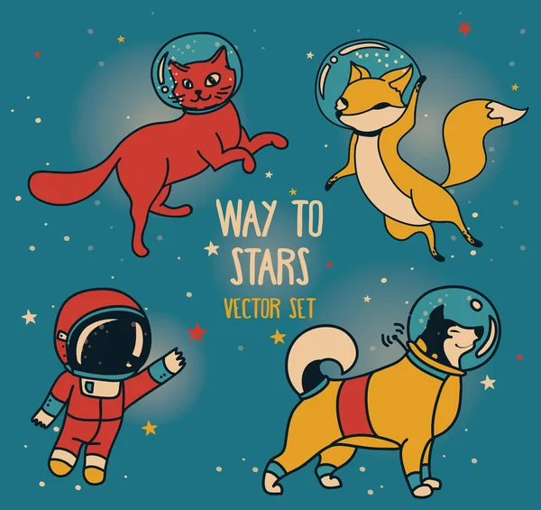 Bonito doodle astronauta e animal-astronautas e foguete estilo retro flutuando no espaço — Vetor de Stock