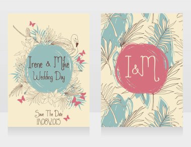 Düğün kartları tropikal kuşlar ve çiçekler