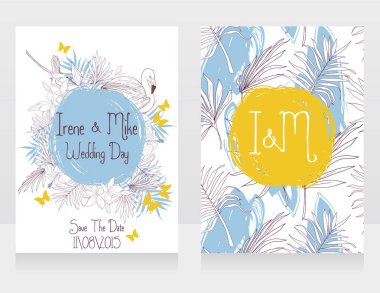 Düğün kartları tropikal kuşlar ve çiçekler