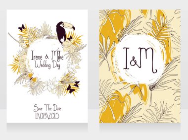 Düğün kartları ile tropikal kuşlar, kelebekler ve palmiye yaprakları