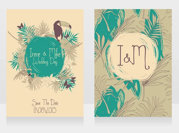 婚礼卡片与热带鸟类、 蝴蝶和棕榈叶 — 图库矢量图片