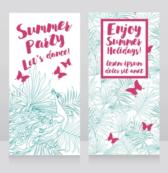 Cartões para festa de verão com decoração tropical —  Vetores de Stock