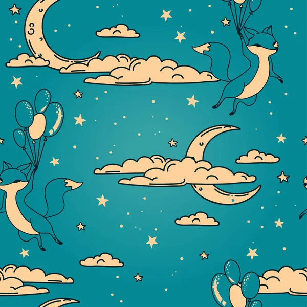 空を飛んでいる気球の落書き狐かわいいシームレス パターン — ストックベクタ