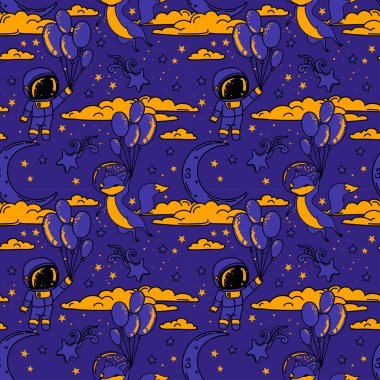 Şirin seamless modeli ile doodle fox ve çocuk-astronot yıldızlı gökte uçan balon üzerinde