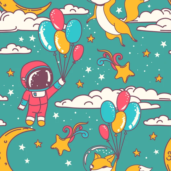 Cute seamless pattern with doodle fox and boy-astronaut on balloons flying in starry sky