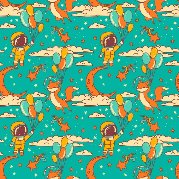 Cute seamless pattern with doodle fox and boy-astronaut on balloons flying in starry sky