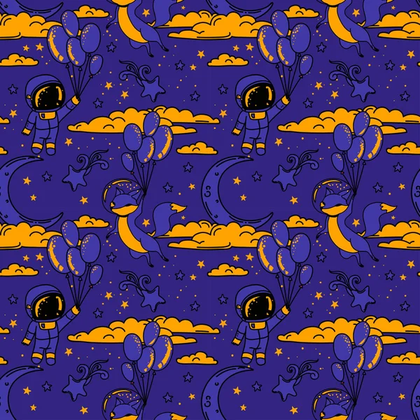 Cute seamless pattern with doodle fox and boy-astronaut on balloons flying in starry sky