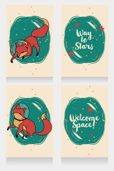 Set of four cosmic banners with doodle foxes-astronaut, can be used as party invitations — Stock Vector