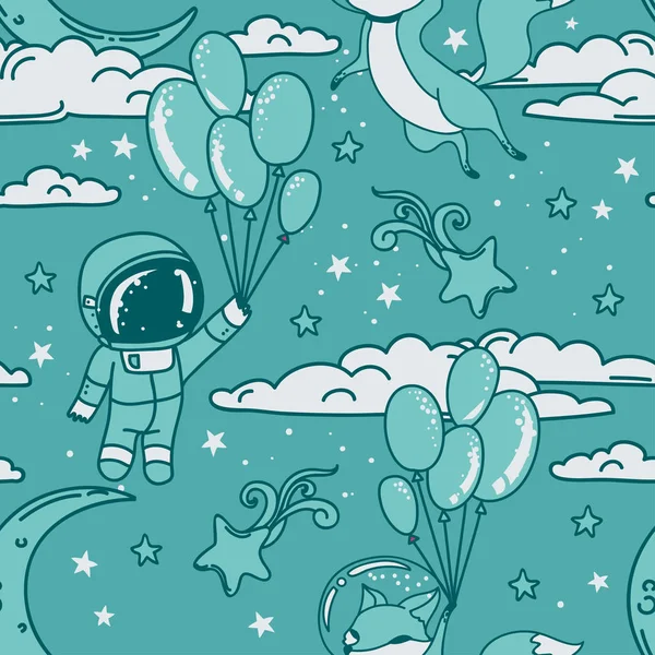 Cute seamless pattern with doodle fox and boy-astronaut on balloons flying in starry sky