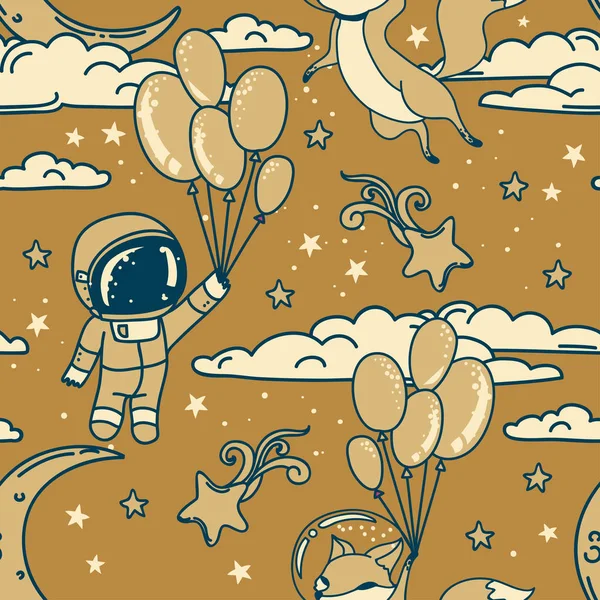 Cute seamless pattern with doodle fox and boy-astronaut on balloons flying in starry sky — Stock Vector