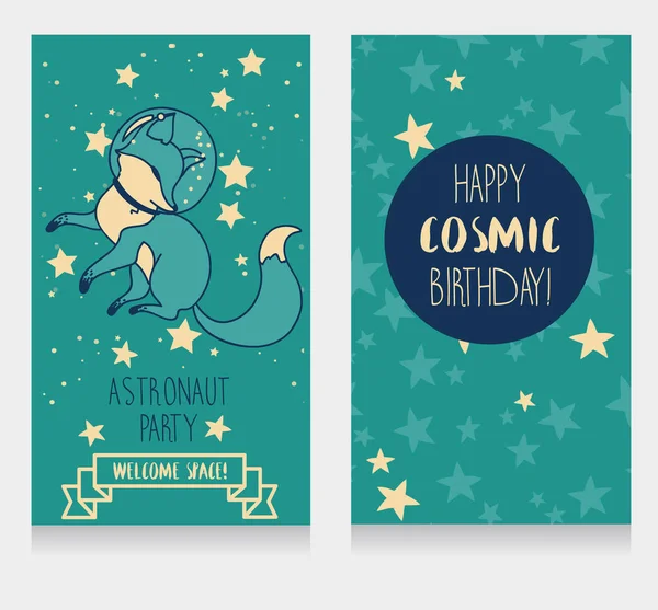 Lindo zorro astronauta sobre fondo estrellado, divertidas tarjetas de invitación para fiesta de cumpleaños cósmica — Archivo Imágenes Vectoriales