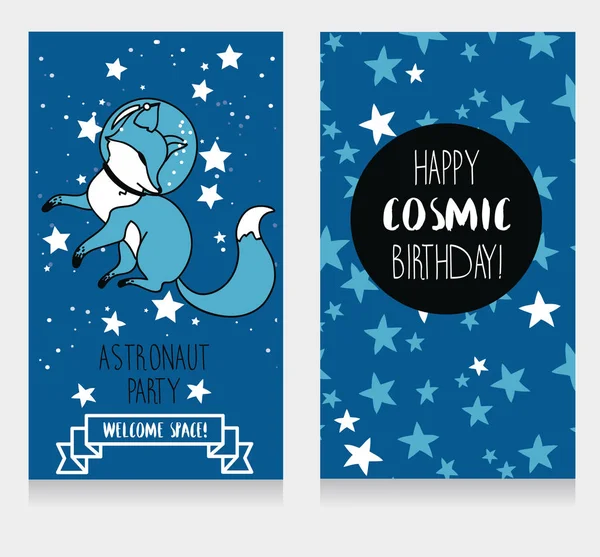 Lindo zorro astronauta sobre fondo estrellado, divertidas tarjetas de invitación para fiesta de cumpleaños cósmica — Archivo Imágenes Vectoriales