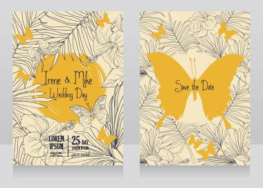 Kartları tropikal çiçeklerle düğün, kelebekler ve palmiye yaprakları